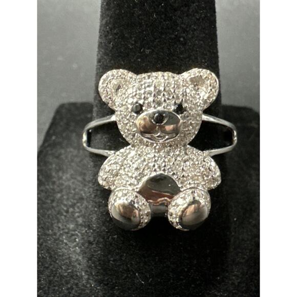 New Condition Sterling Silver CZ Encrusted Teddy Bear Ring 925 Size 6 - Picture 1 of 6
